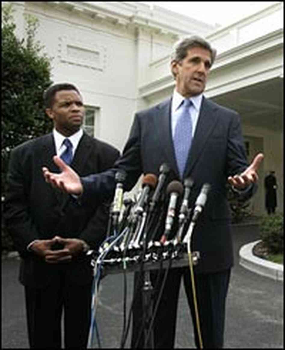 Sen. John Kerry and Rep. Jesse Jackson Jr. speak to reporters outside the White House. Sen. John Kerry and Rep. Jesse Jackson Jr. speak to reporters outside the White House.
