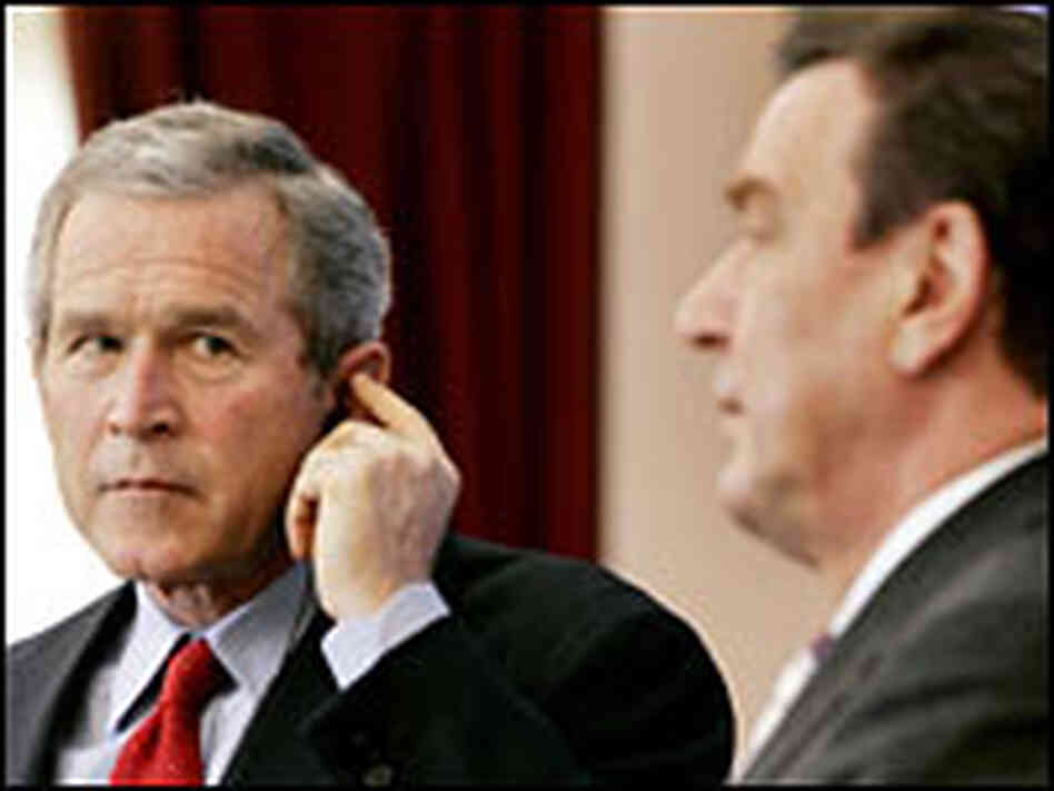 President Bush listens to German Chancellor Schroeder in Germany. President Bush listens to German Chancellor Schroeder in Germany.