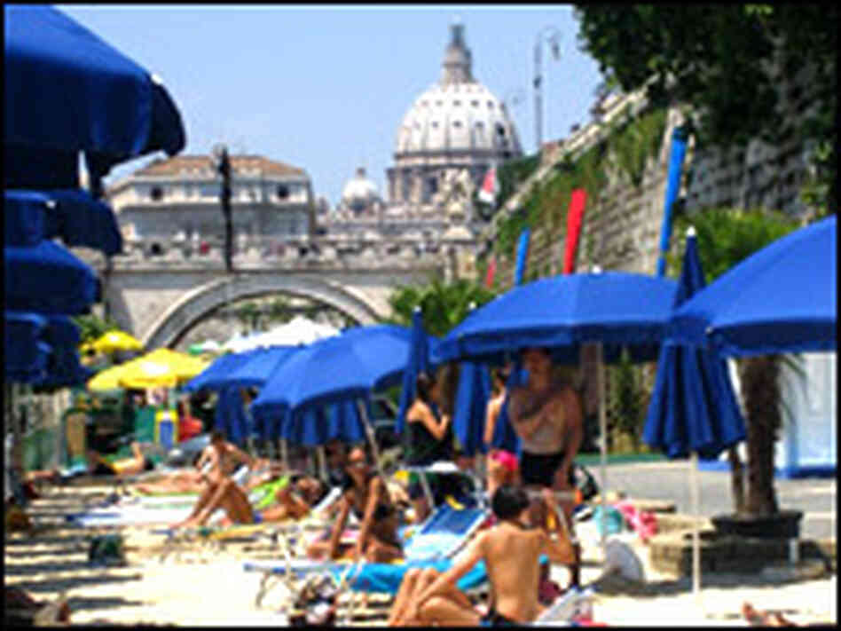 Tiber Village, a 600-foot stretch of artificial beach, attracts sun bathers. Credit, Sylvia Poggioli Tiber Village, a 600-foot stretch of artificial beach, attracts sun bathers. Credit, Sylvia Poggioli