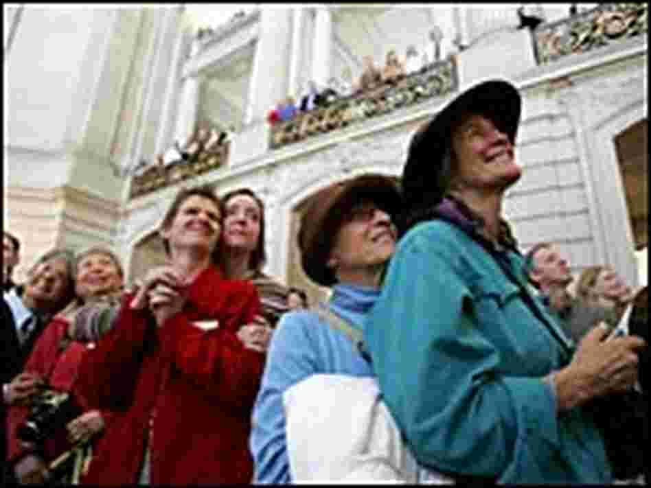Gay couples gather at city hall on first anniversary of same sex marriages in San Francisco. Gay couples gather at city hall on first anniversary of same sex marriages in San Francisco.