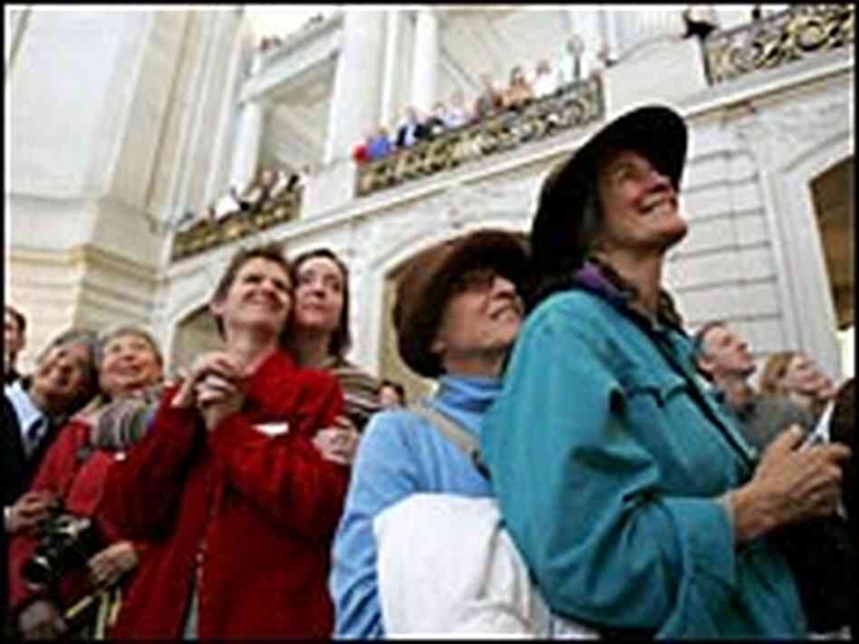 Gay couples gather at city hall on first anniversary of same sex marriages in San Francisco. Gay couples gather at city hall on first anniversary of same sex marriages in San Francisco.