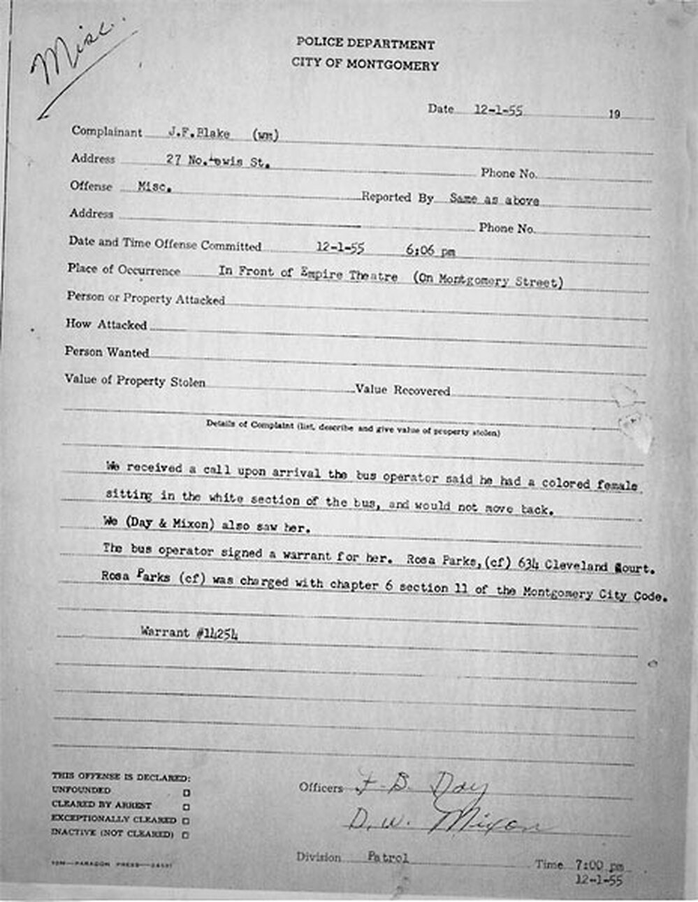 The Dec. 1, 1955, police report on the arrest of Rosa Parks in Montgomery, Ala.