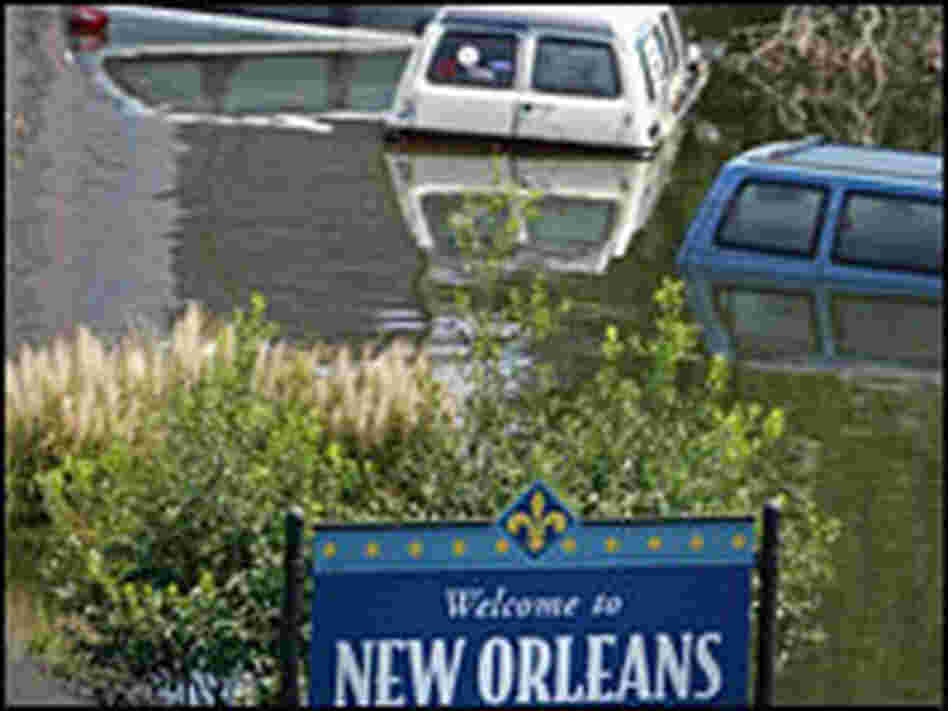 A welcome sign stands in a flooded street in downtown New Orleans. A welcome sign stands in a flooded street in downtown New Orleans.