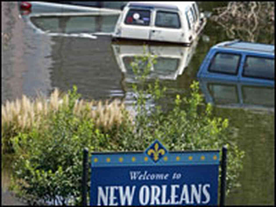 A welcome sign stands in a flooded street in downtown New Orleans. A welcome sign stands in a flooded street in downtown New Orleans.