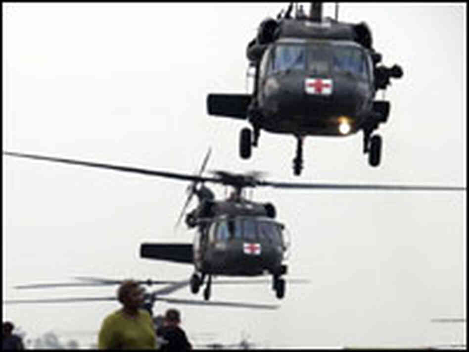 Helicopters arrive at the FEMA field hospital set up at the Louis Armstrong International Airport Helicopters arrive at the FEMA field hospital set up at the Louis Armstrong International Airport