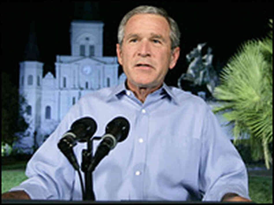 President George W. Bush speaks about Hurricane Katrina's damage to the nation. President George W. Bush speaks about Hurricane Katrina's damage to the nation.