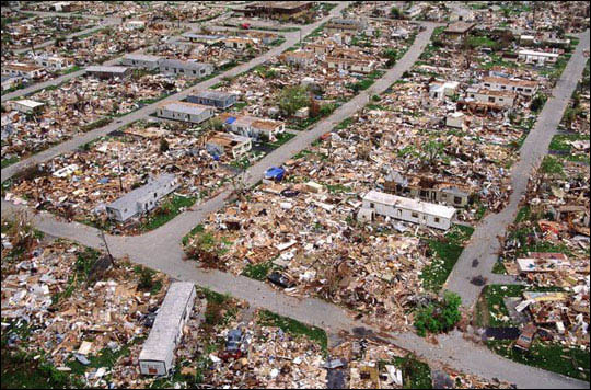 Trailer park destroyed by Hurricane Andrew. Credit: Corbis.