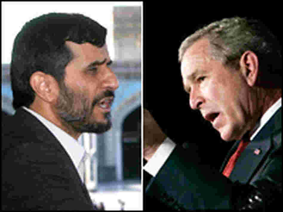 Iranian President Ahmadinejad, left, and President Bush.