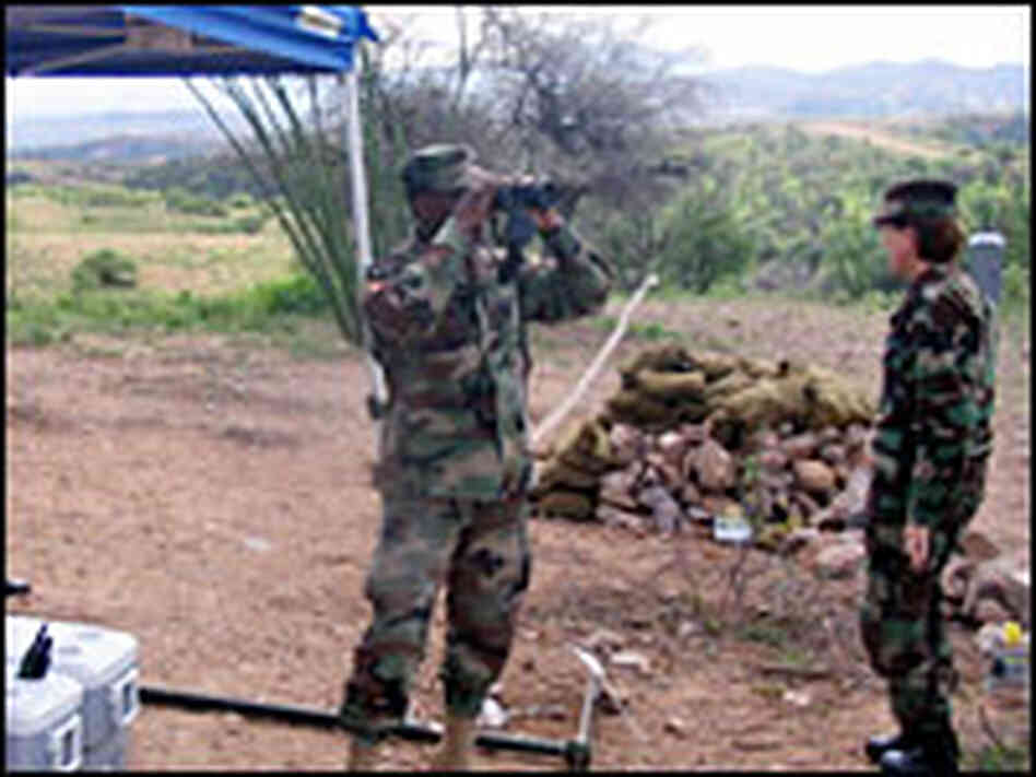 A group of National Guard soldiers from Virginia watches for illegal crossers A group of National Guard soldiers from Virginia watches for illegal crossers