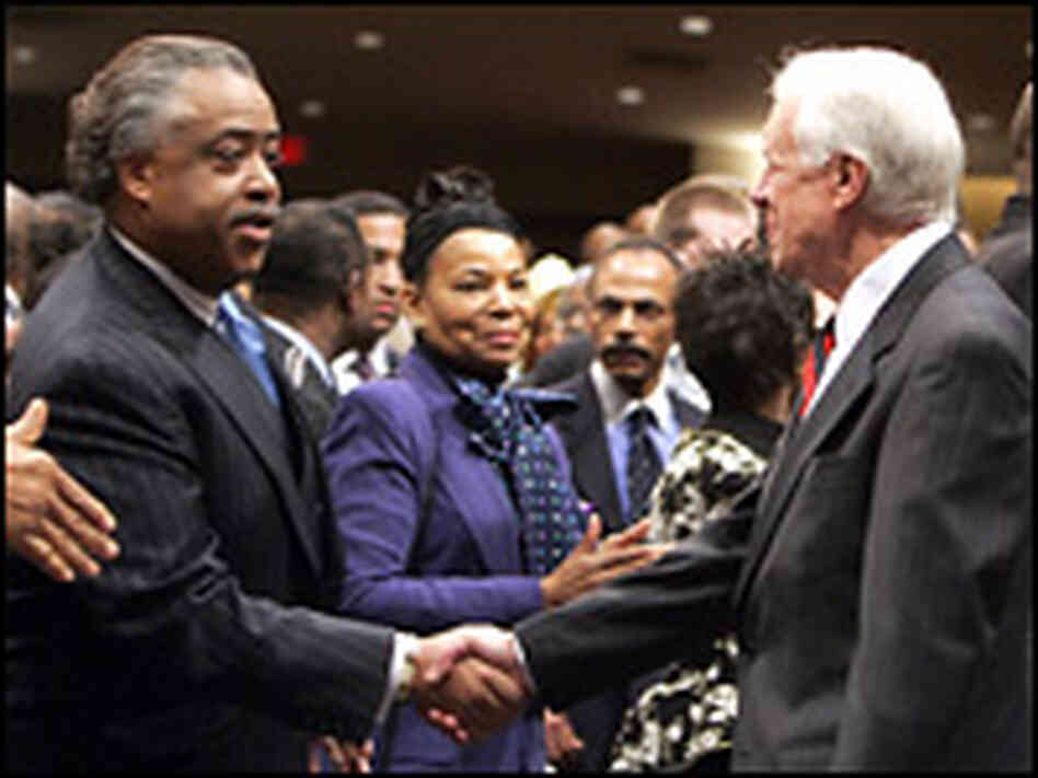 Rev. Al Sharpton shook hands with former President Jimmy Carter at a memorial service.