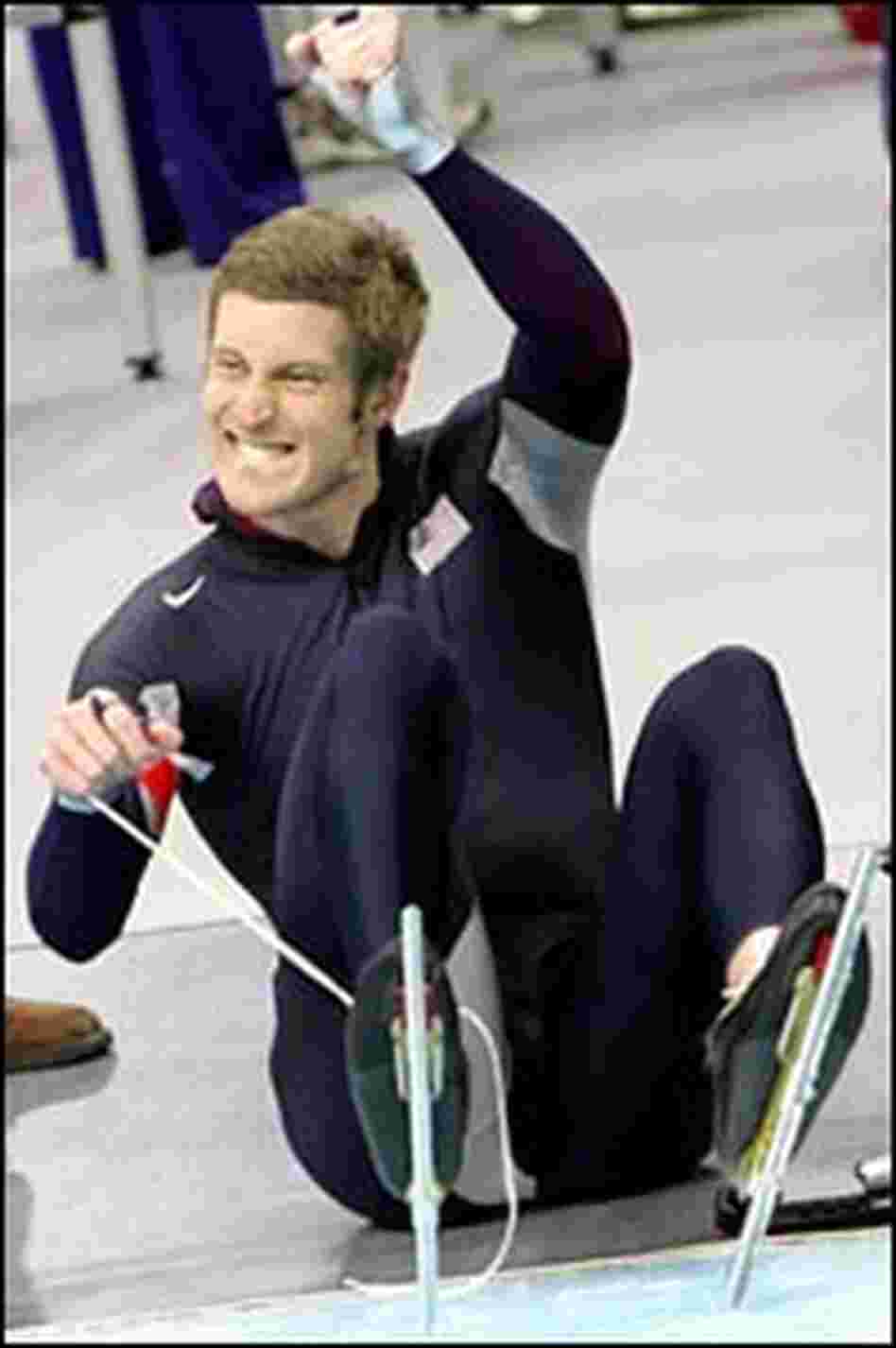 Joey Cheek of the U.S. celebrates his gold medal. Joey Cheek of the U.S. celebrates his gold medal.