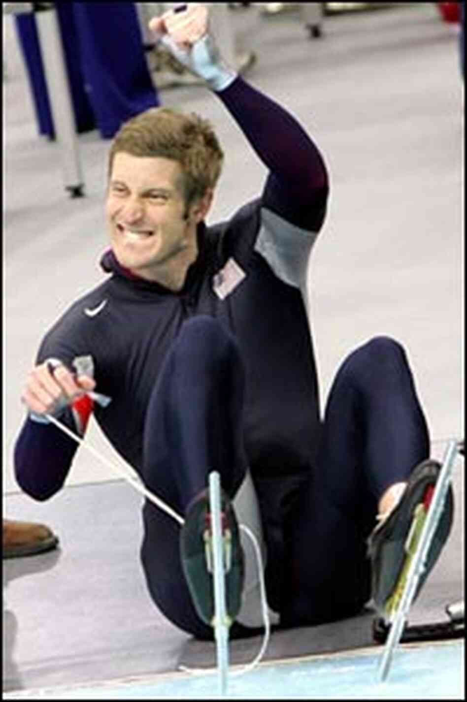 Joey Cheek of the U.S. celebrates his gold medal. Joey Cheek of the U.S. celebrates his gold medal.