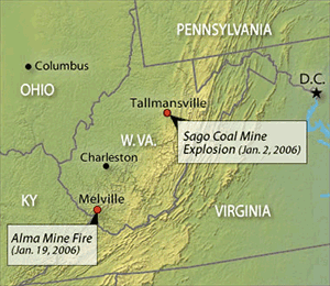 West Virginia Map: Sago coal mine explosion and Alma mine fire