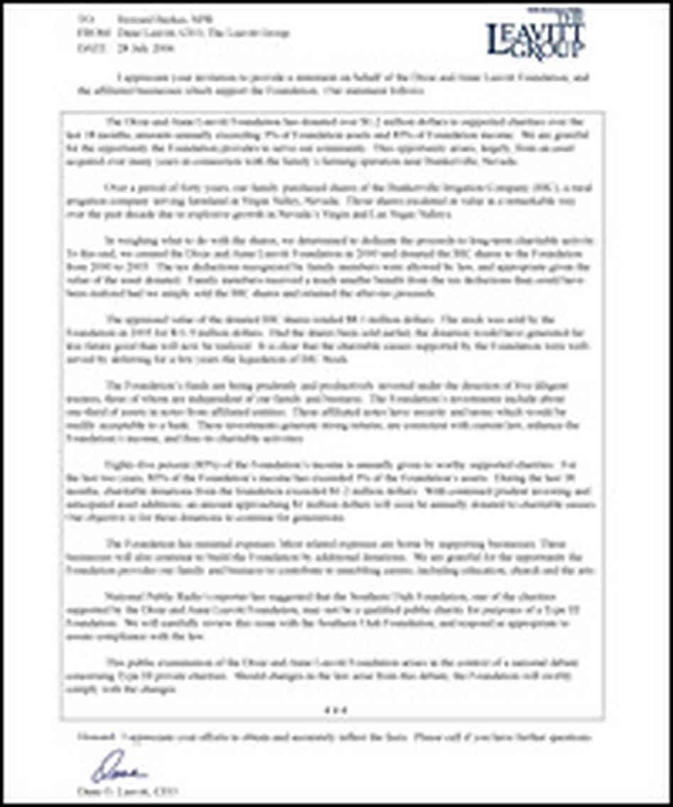 Text of a letter from the Leavitt Group outlining its position.