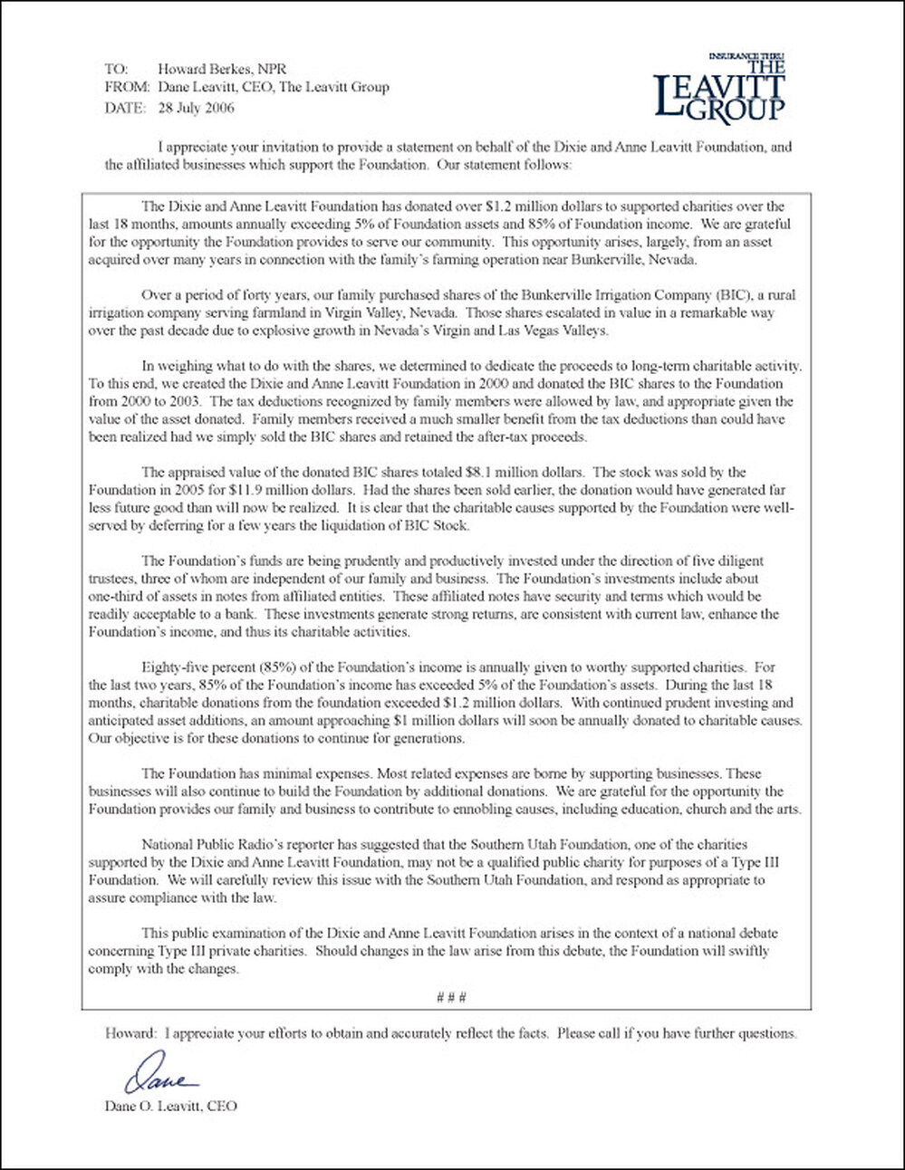 Text of a letter from the Leavitt Group outlining its position.