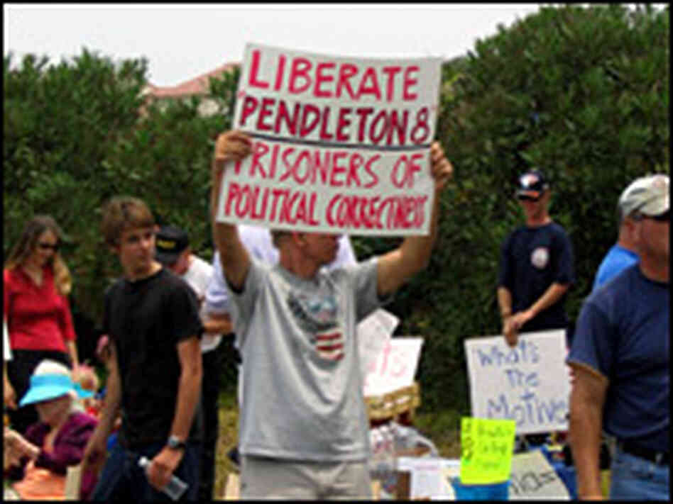 Demonstrators rally outside Camp Pendleton in support of eight servicemen, Demonstrators rally outside Camp Pendleton in support of eight servicemen,