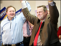Democratic Senate candidate Jon Tester (right) celebrates his victory with Gov. Brian Schweitzer.
