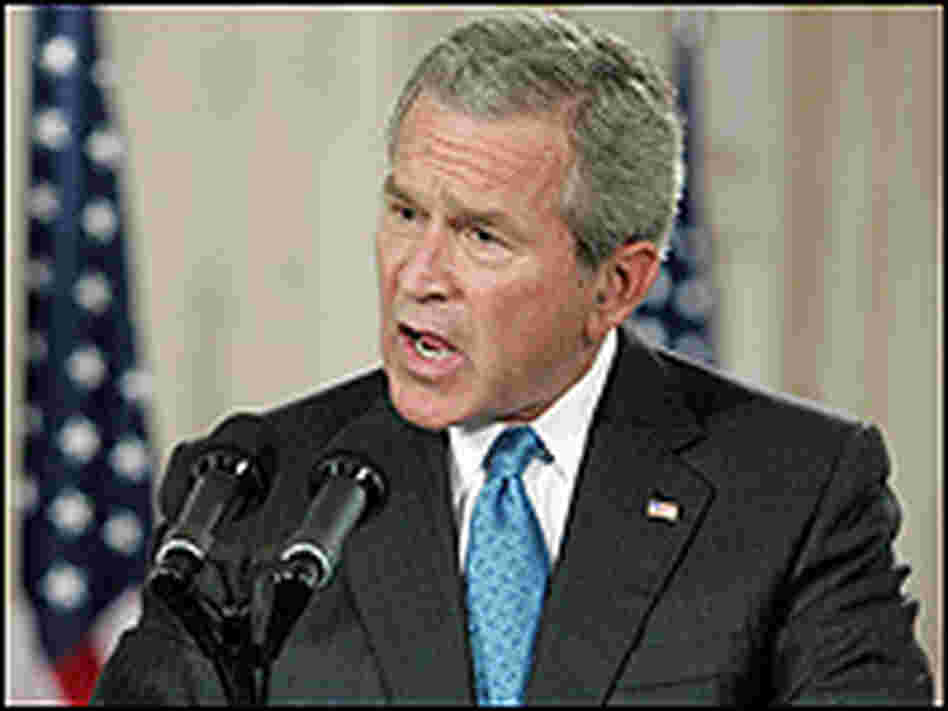 President Bush speaks from a podium at the White House East Room.