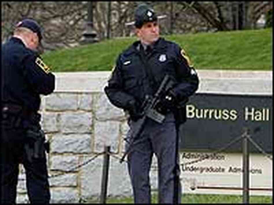 Police stand watch at Virginia Tech. Police stand watch at Virginia Tech.