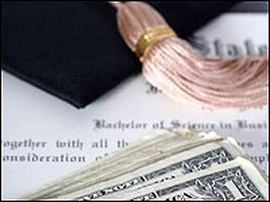 A graduation cap, diploma, and money. A graduation cap, diploma, and money.
