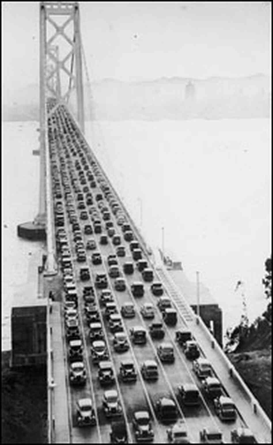 Cars cross the San Francisco-Oakland Bay Bridge shortly after it opened in 1936.