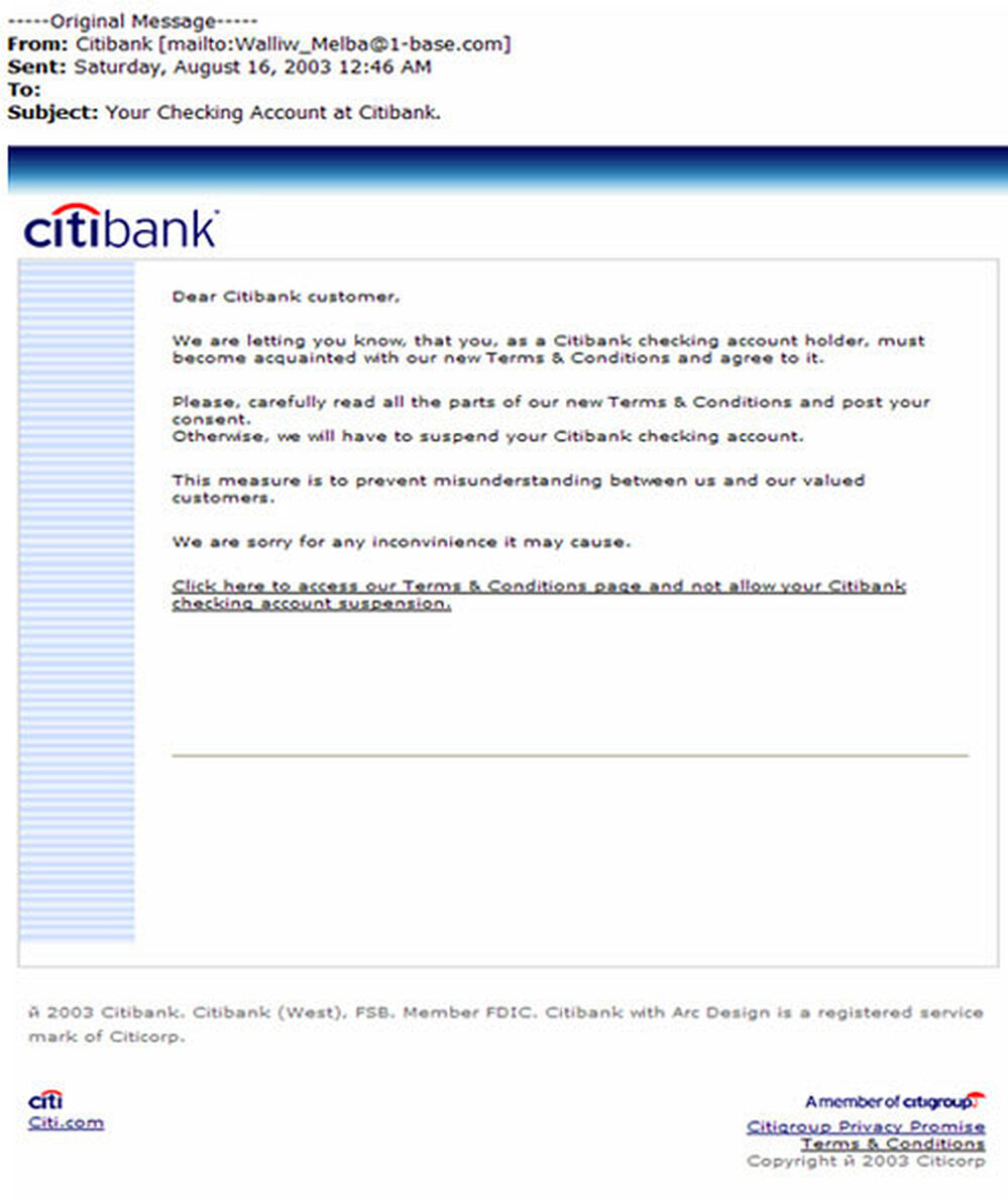 A phishing e-mail pretending to be from Citibank.