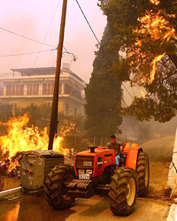 A man drives a tractor past burning vegetation in Platanos, near the site of Ancient Olympia.