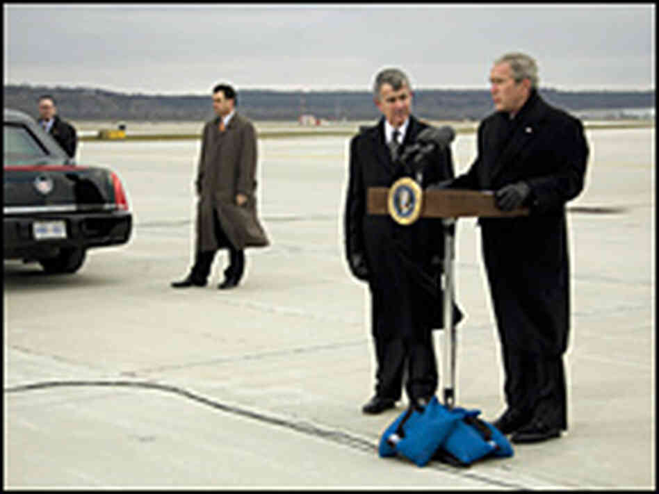 President Bush, at Eppley Airfeild in Omaha, Neb., with former Agricultural Secretary Mike Johanns
