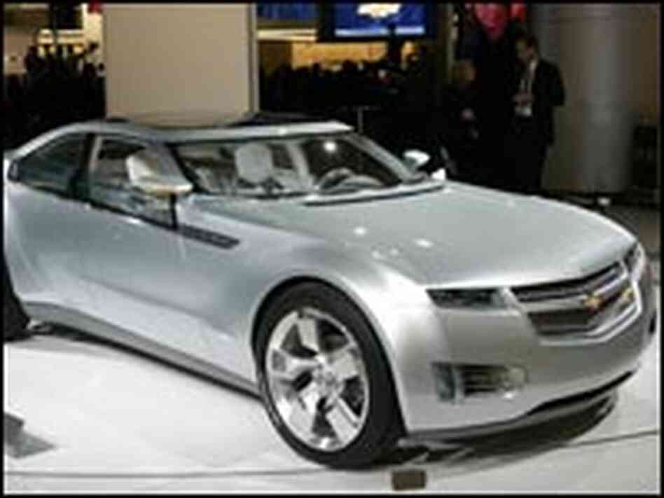 The Chevrolet Volt electric concept car is on display at the auto show.