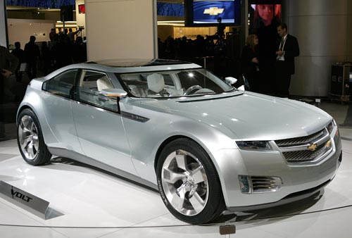 The Chevrolet Volt electric concept car is on display at the auto show.