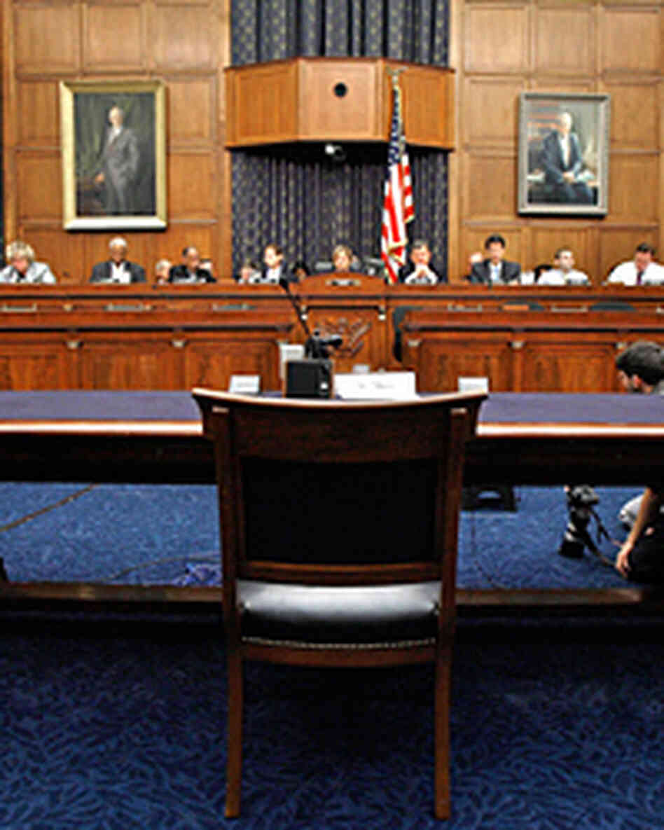 The witness chair remains vacant where former White House counsel Harriet Miers was supposed to sit. The witness chair remains vacant where former White House counsel Harriet Miers was supposed to sit.