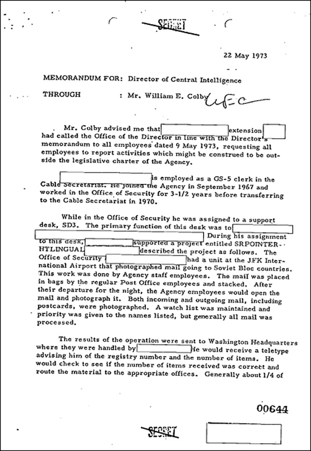 A May 22, 1973, memo to the director of Central Intelligence refers to an earlier note