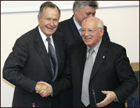 Former U.S. President George H.W. Bush and former Soviet leader Mikhail Gorbachev are shown after a speech at the State Foreign Affairs University in Moscow in May 2005.