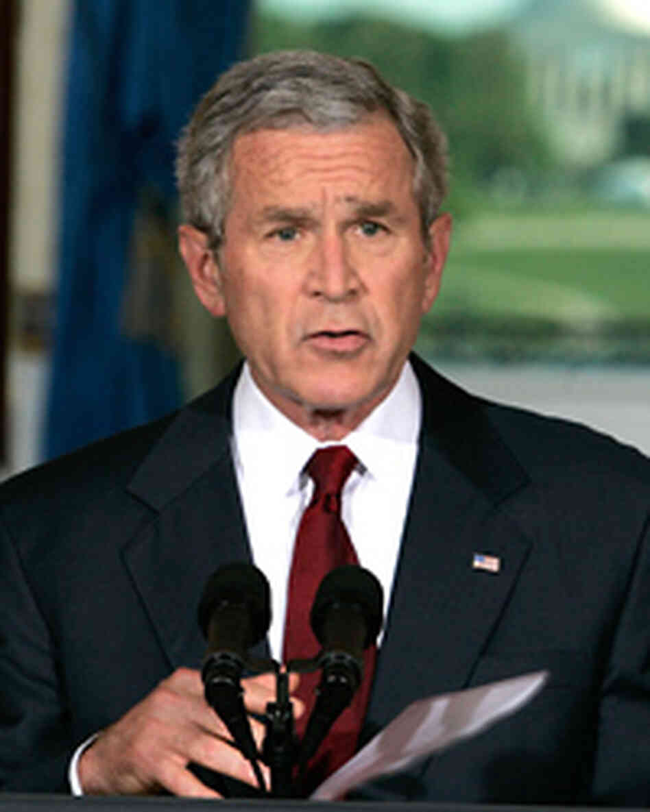 President George W. Bush discusses his veto of the Iraq war funding bill in the Cross Hall. President George W. Bush discusses his veto of the Iraq war funding bill in the Cross Hall.