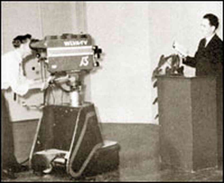 The Rev. Jerry Falwell faces a TV camera.