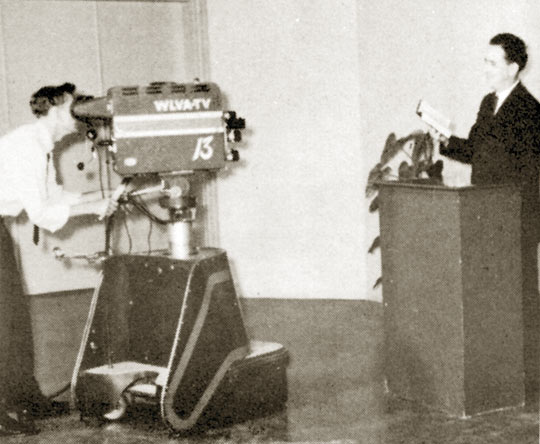 The Rev. Jerry Falwell faces a TV camera.