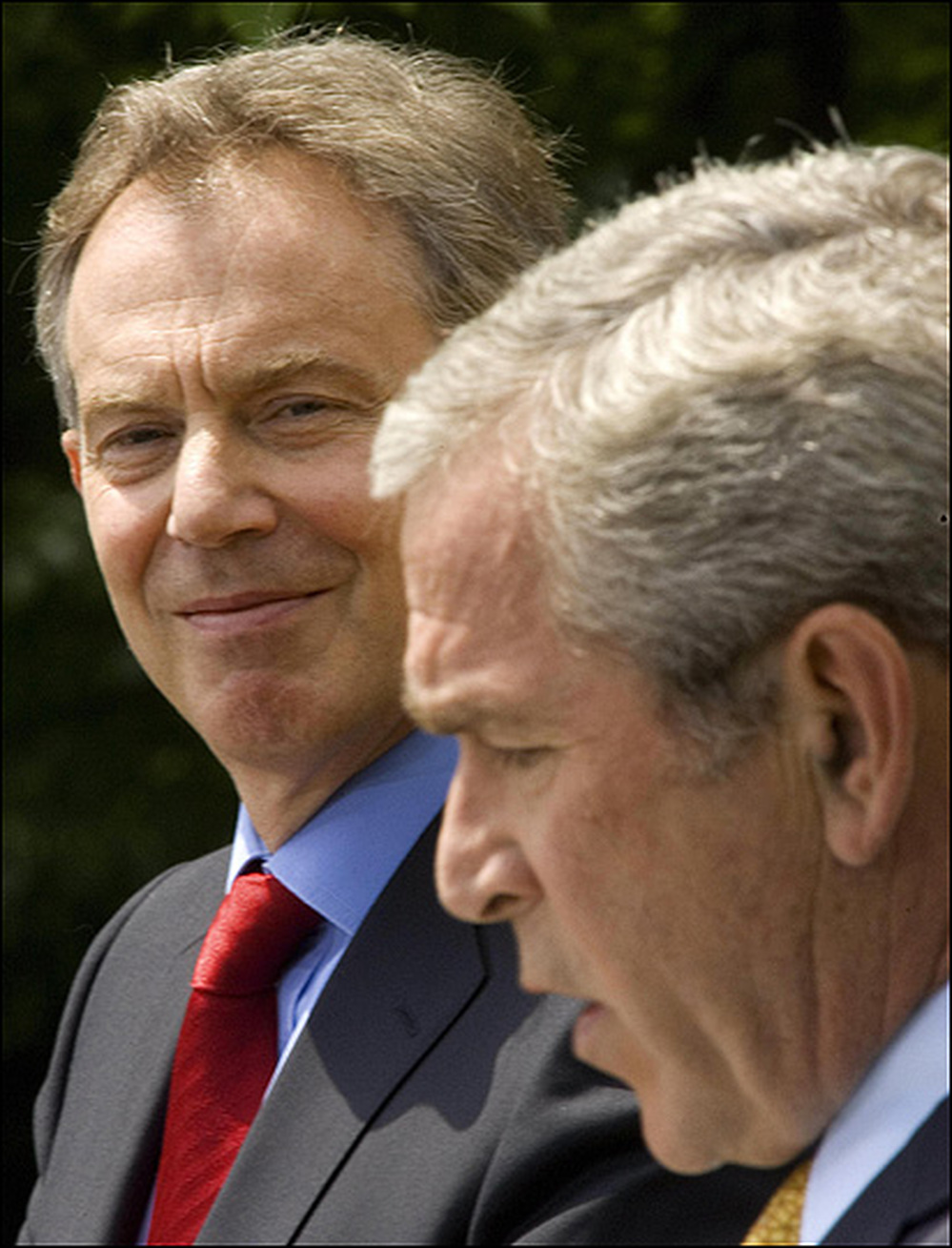 British Prime Minister Tony Blair and President Bush at Thursday's Rose Garden news conference.