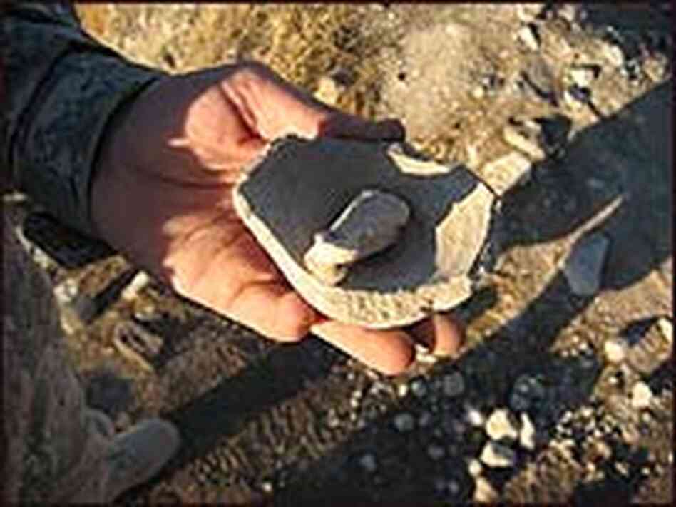 A soldier holds a pottery shard with a bone fragment