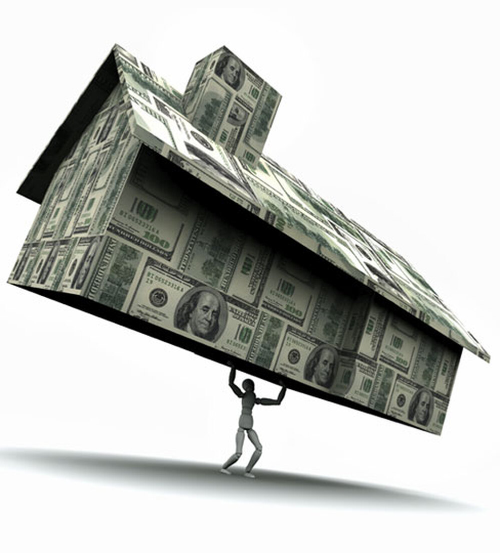 Conceptual image show sa mannequinn holding up a house made of cash