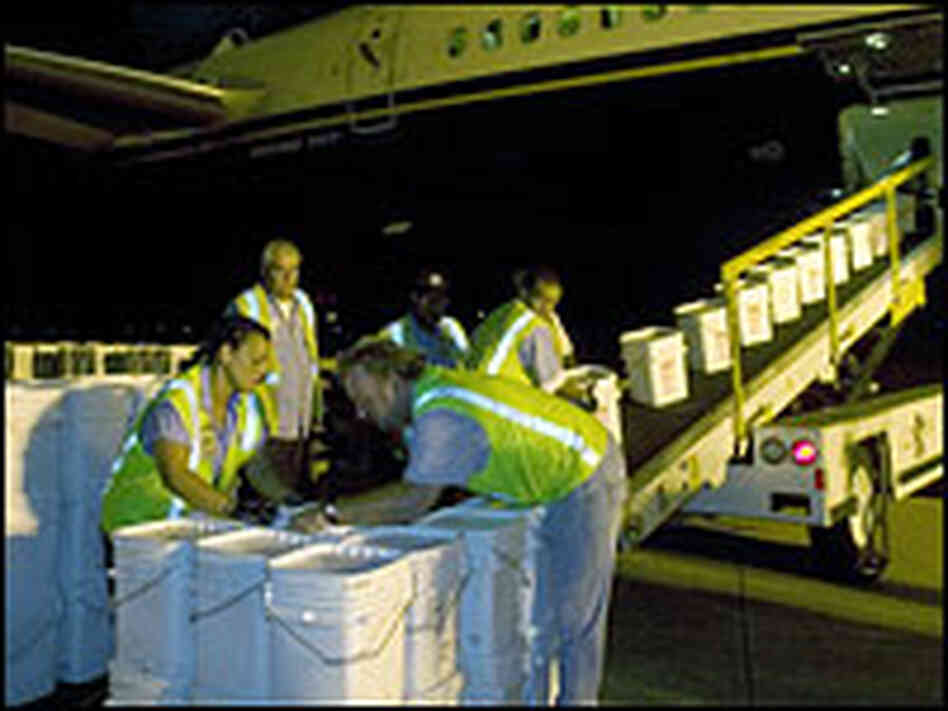 Odyssey Marine Exploration's ground crew unloads more than 17 tons of silver coins.