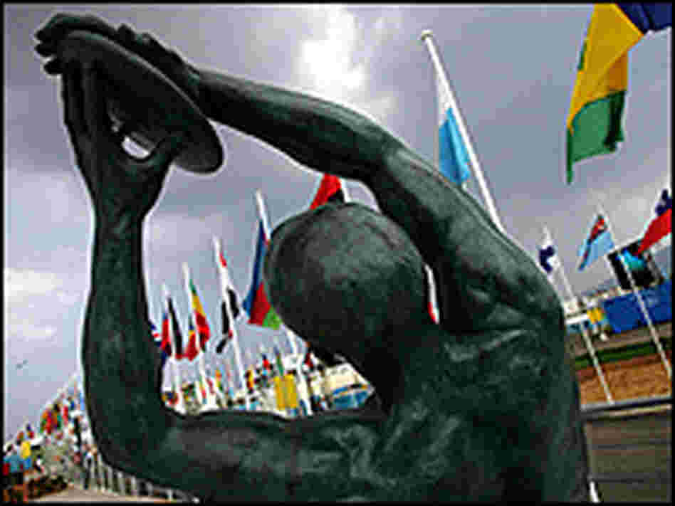 A statue of a discus thrower at the 2004 Olympics in Athens, Greece.