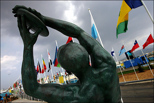 A statue of a discus thrower at the 2004 Olympics in Athens, Greece.