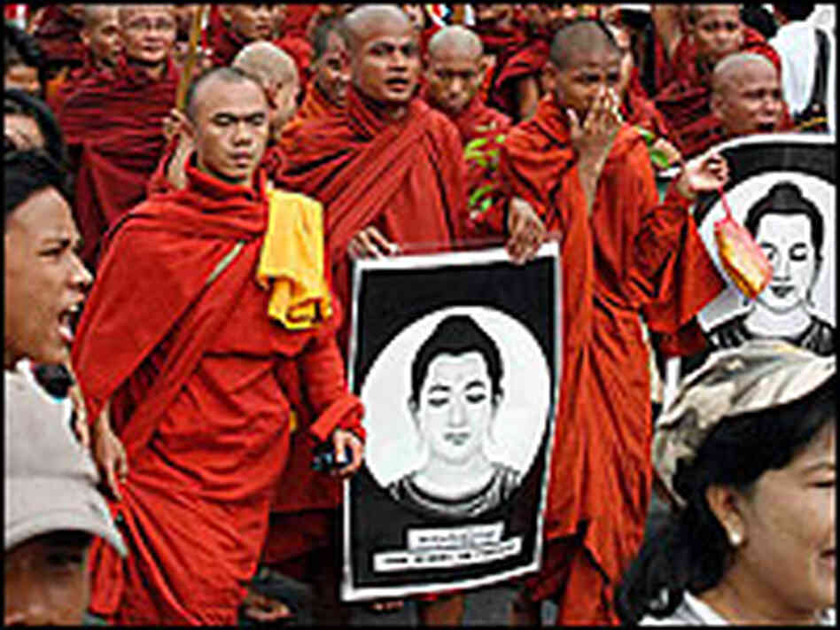 Buddhist monks march in a protest in Yangon, Myanmar.