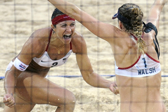 Misty May-Treanor and Kerri Walsh celebrate their Olympic gold medal victory over China.