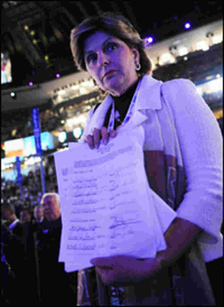 Gloria Allred displays a petition to enter Clinton's name into the vice presidential nomination Gloria Allred displays a petition to enter Clinton's name into the vice presidential nomination