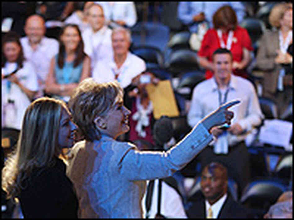 Sen. Hillary Clinton and daughter Chelsea check out the setup at the Pepsi Center.