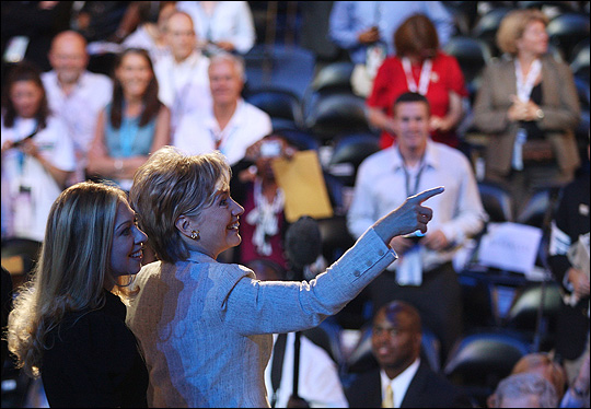 Sen. Hillary Clinton and daughter Chelsea check out the setup at the Pepsi Center.
