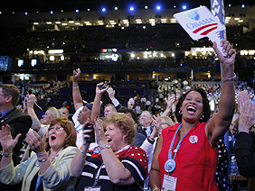 The Deleware delegation, including Abby Betts, of Feltom, Del., celebrate as they cast their votes in the roll call during the Democratic National Convention in Denver, Wednesday, Aug. 27, 2008. Jae C. Hong/AP