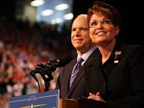Presumptive Republican presidential nominee John McCain stands with Alaska Gov. Sarah Palin onstage at a campaign rally August 29, 2008 in Dayton, Ohio. Credit: Mario Tama/Getty Images