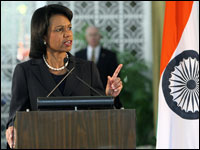 Secretary of State Condoleezza Rice addresses reporters in New Delhi.